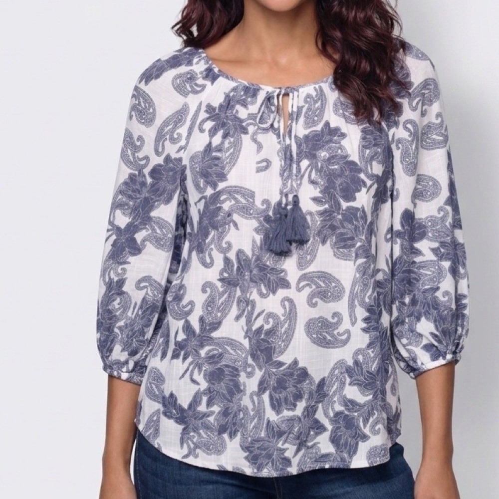 Unique‎ Spectrum Peasant Blouse Women L Blue Paisley Boho Tassel Balloon Sleeve